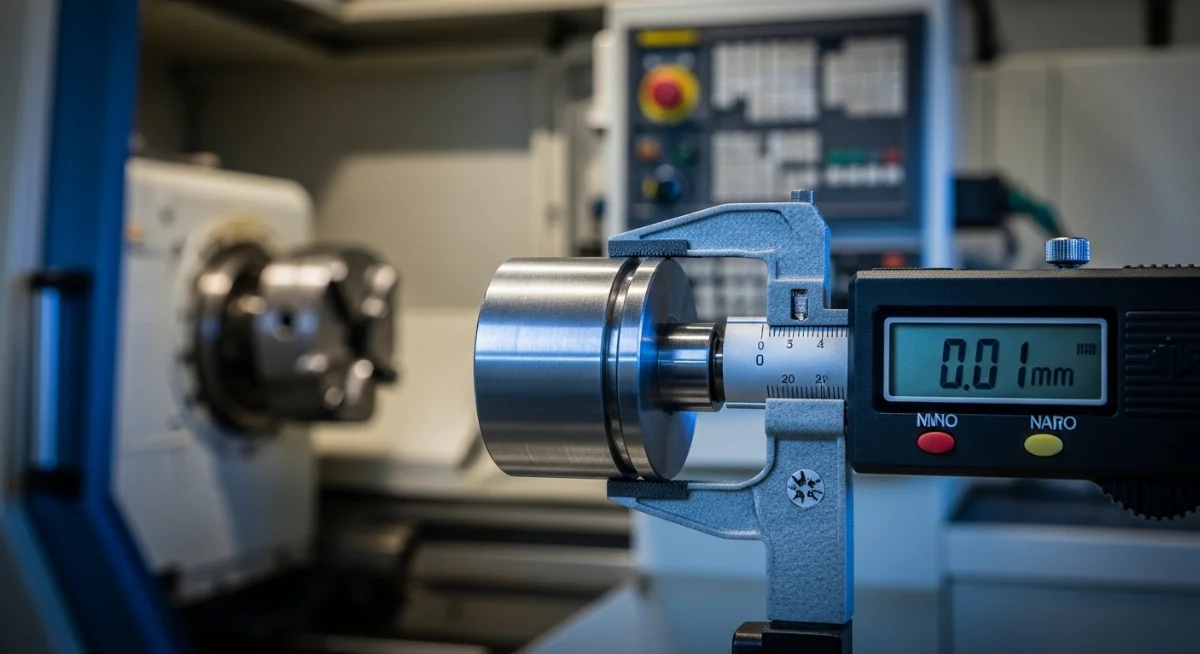 Máy gia công tiện CNC hiện đại đang gia công chi tiết với dung sai CNC 0.01mm cực kỳ chính xác