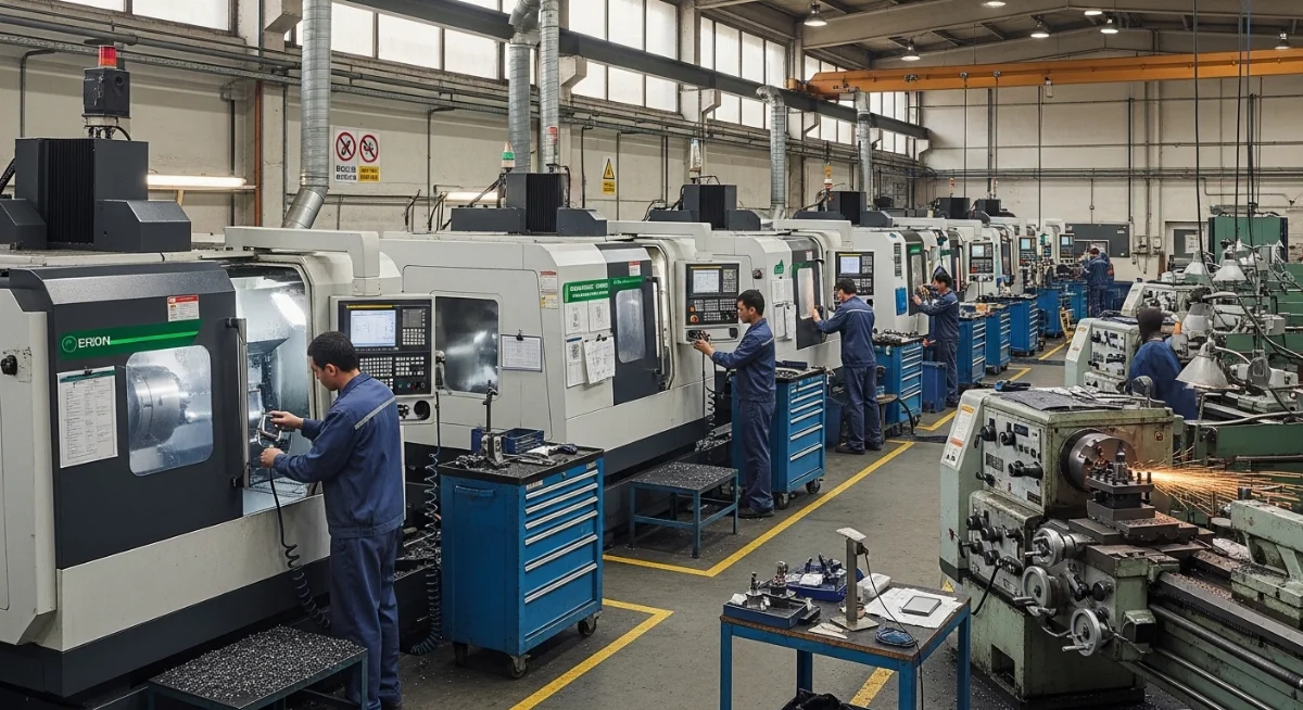 Người thợ vận hành máy công cụ truyền thống đang thực hiện gia công thủ công chi tiết kim loại