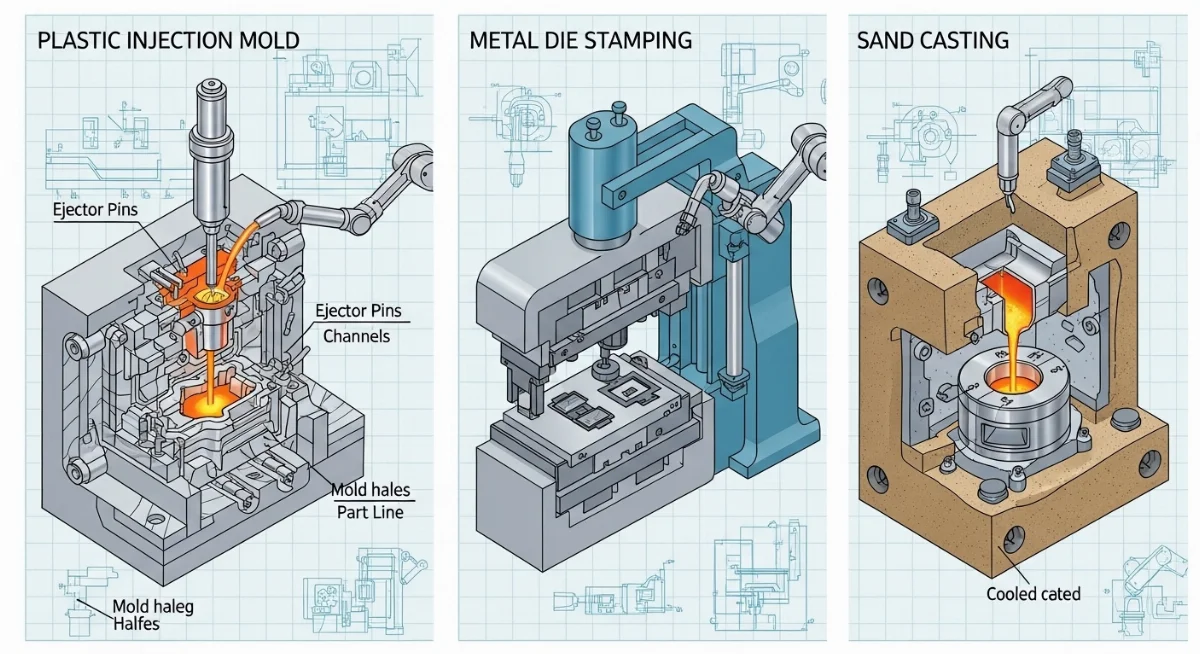 So sánh cấu tạo chi tiết giữa khuôn ép nhựa và khuôn dập kim loại tấm