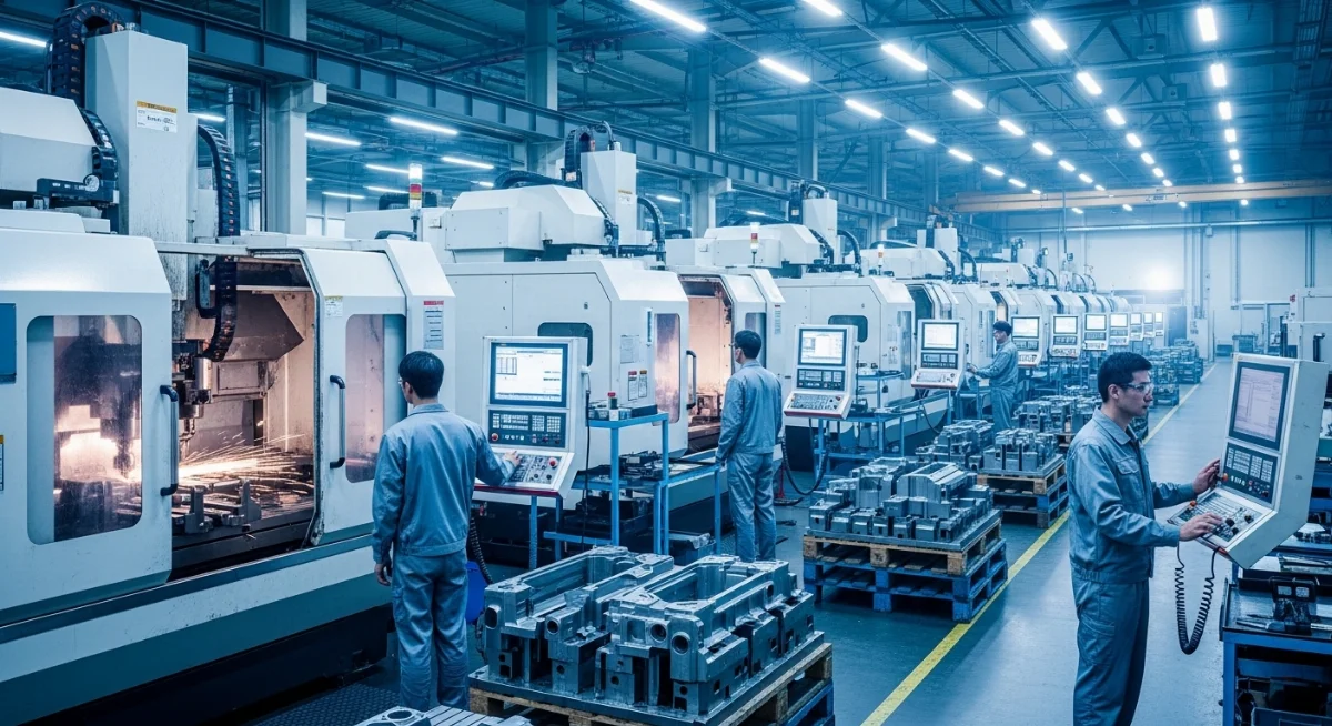 Nhân viên kỹ thuật đang lập trình quy trình gia công CNC trên bảng điều khiển hiện đại