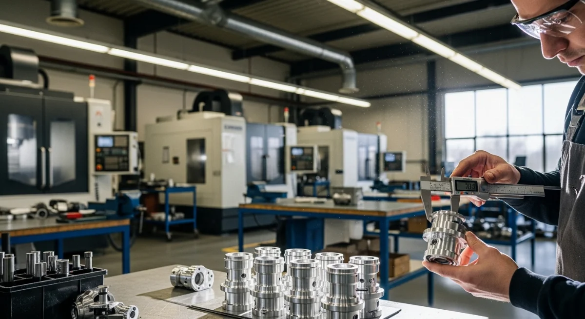 Kỹ thuật viên đang kiểm tra chất lượng sản phẩm tiện CNC số lượng ít