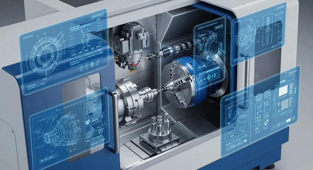Sơ đồ cấu tạo chi tiết các bộ phận chính của một máy tiện CNC công nghiệp
