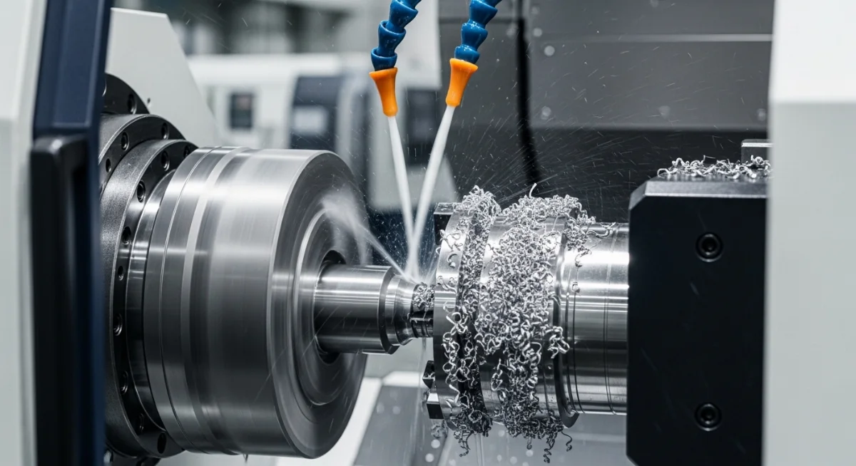 Kỹ thuật viên đang vận hành máy tiện CNC hiện đại trong xưởng cơ khí chính xác