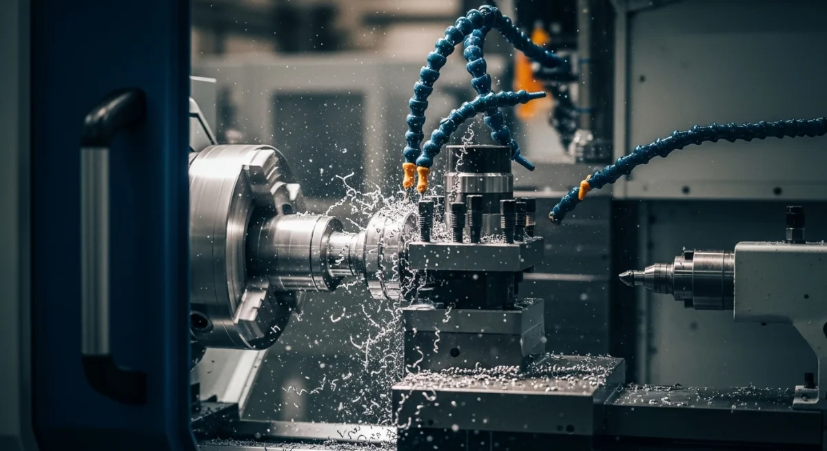 Kỹ thuật viên đang kiểm tra sai số CNC trên máy phay trung tâm hiện đại