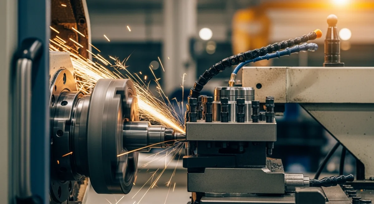 Máy tiện CNC hiện đại đang gia công chi tiết kim loại chính xác tại xưởng tiện CNC Hà Nội