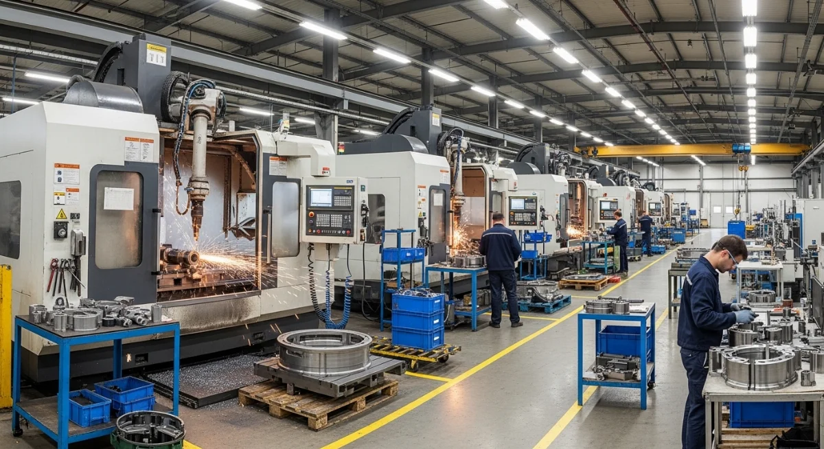 Kỹ thuật viên đang vận hành máy tiện CNC để gia công chi tiết thép công nghiệp