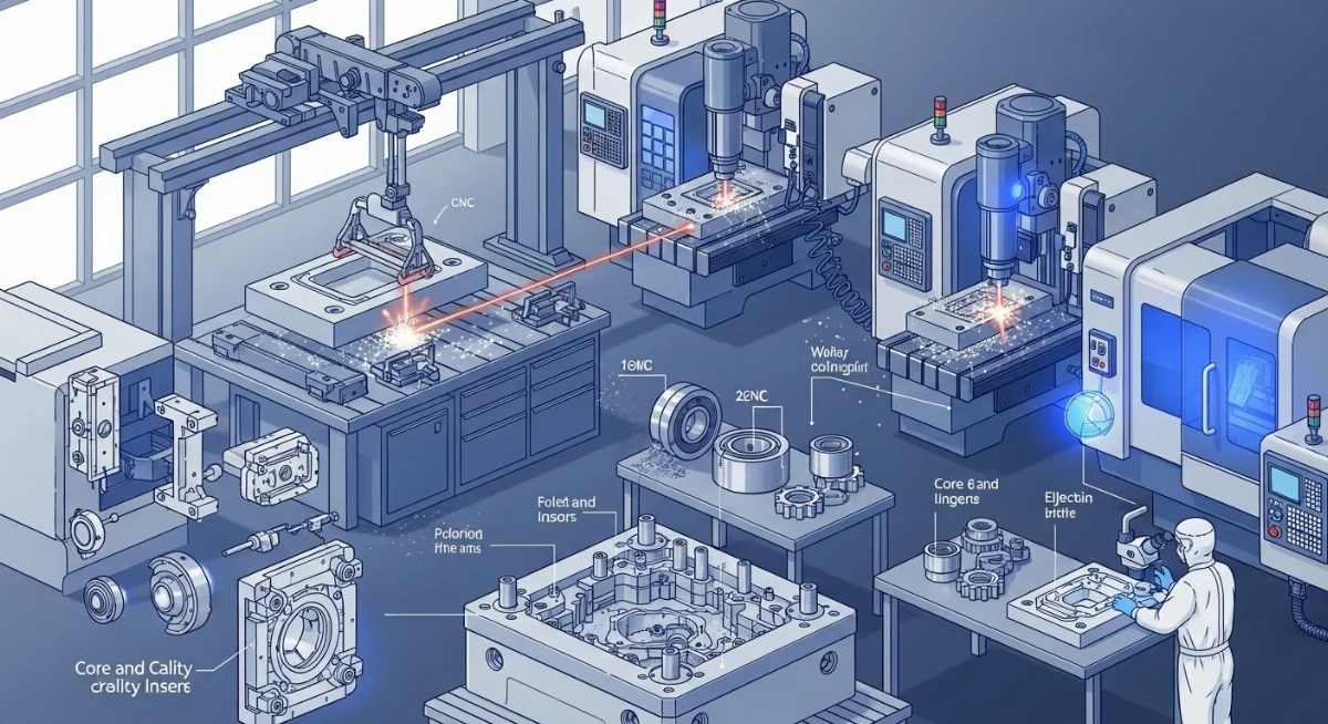Kỹ thuật viên đang vận hành máy tiện CNC gia công khuôn mẫu số lượng lớn chính xác