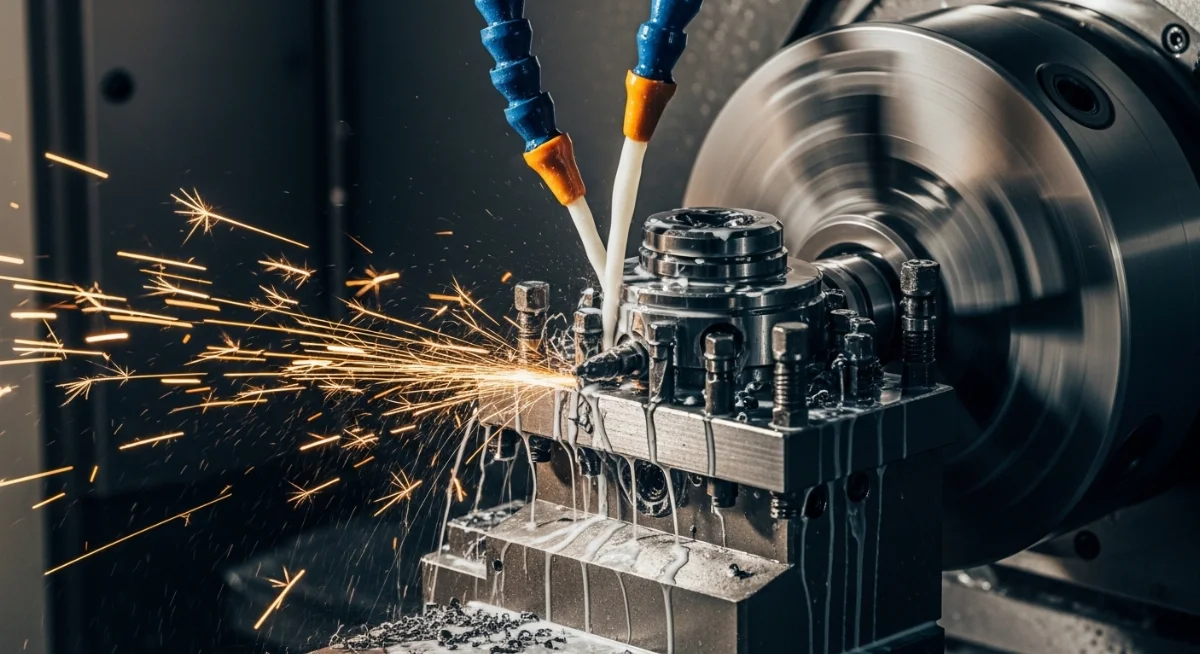 Máy tiện CNC hiện đại đang gia công chi tiết kim loại với độ chính xác cao tại xưởng cơ khí